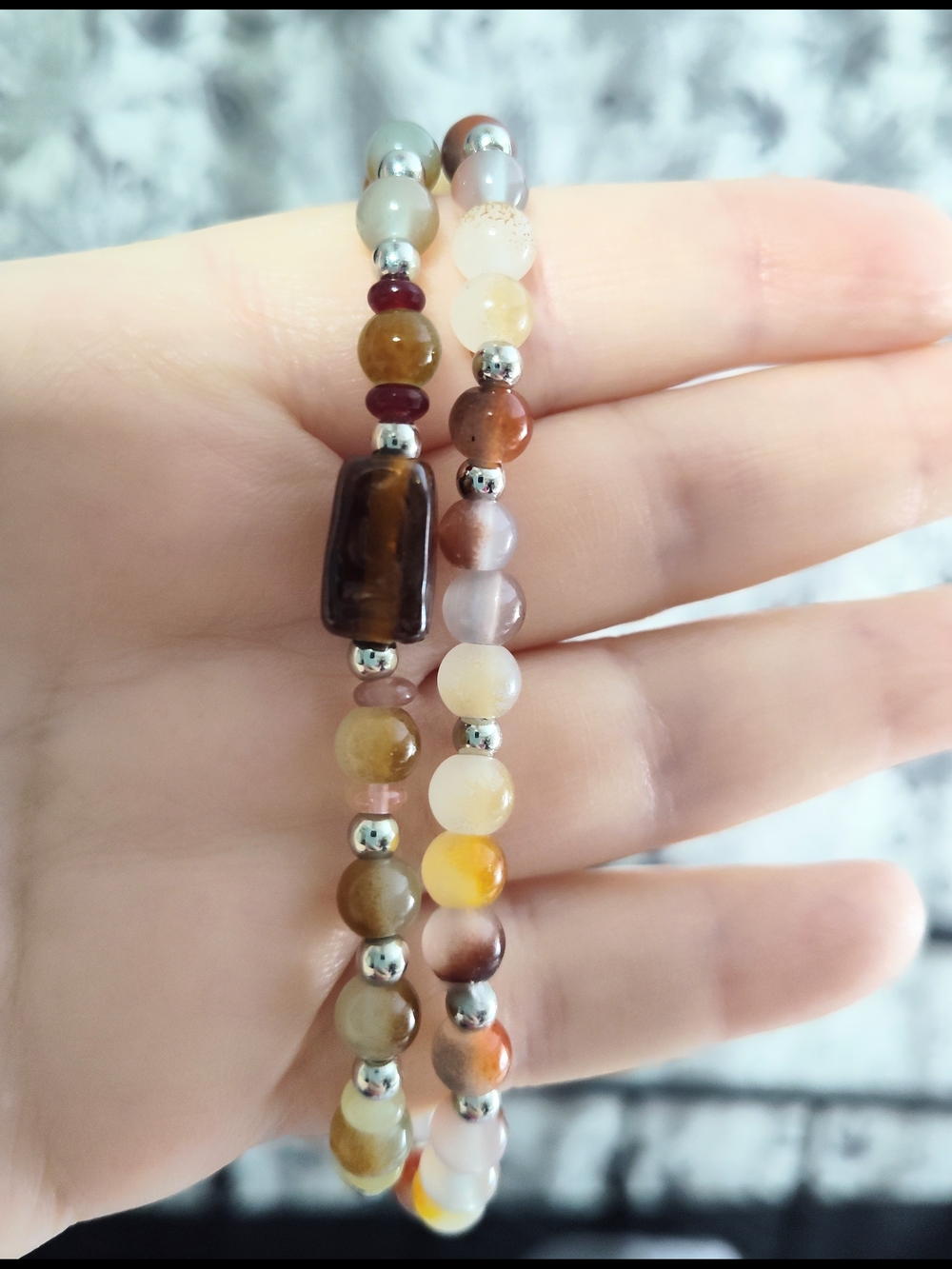 Set Of 2 Glass Bead And Natural Stone Stretch Bracelets